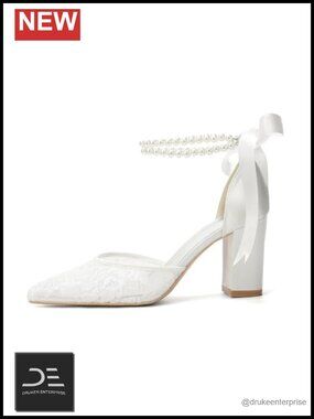 Pearl Lace Wedding Heels for Bride Chunky Block Heels Closed Toe